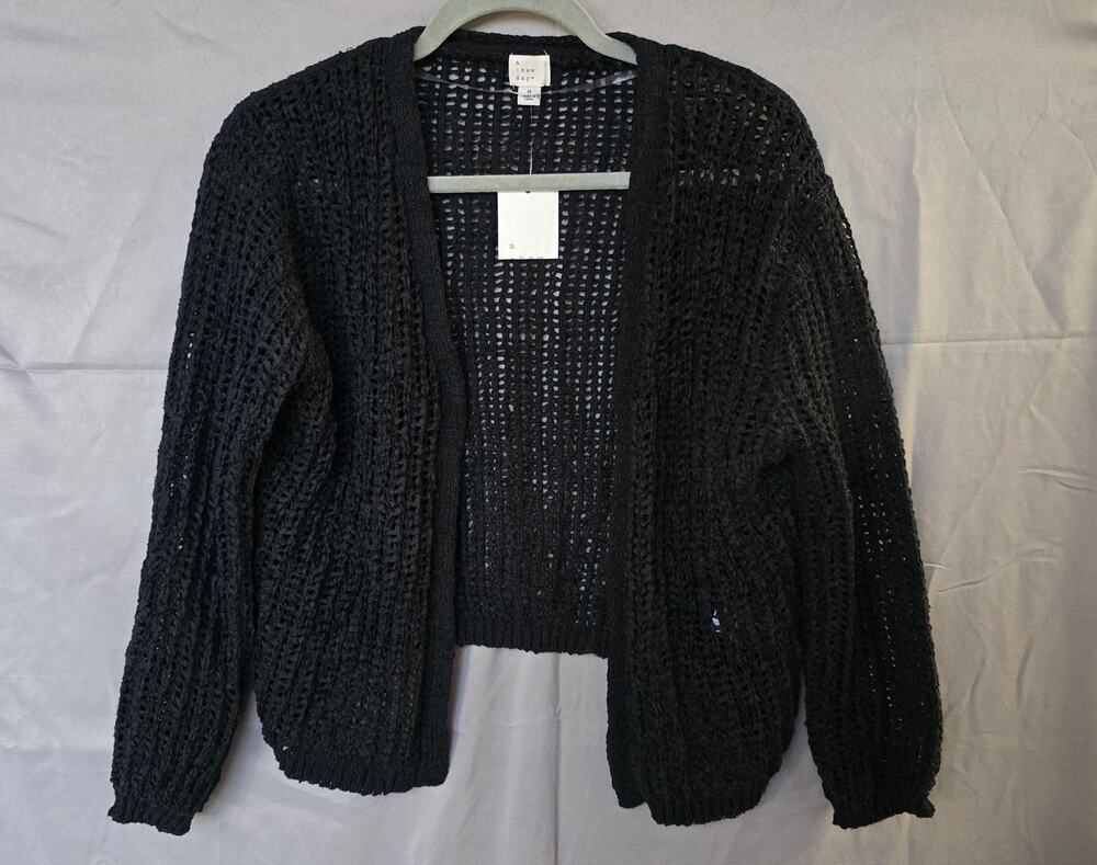A New Day Cardigan Sweater Womens Medium Black Open Knit V Neck Long Sleeve